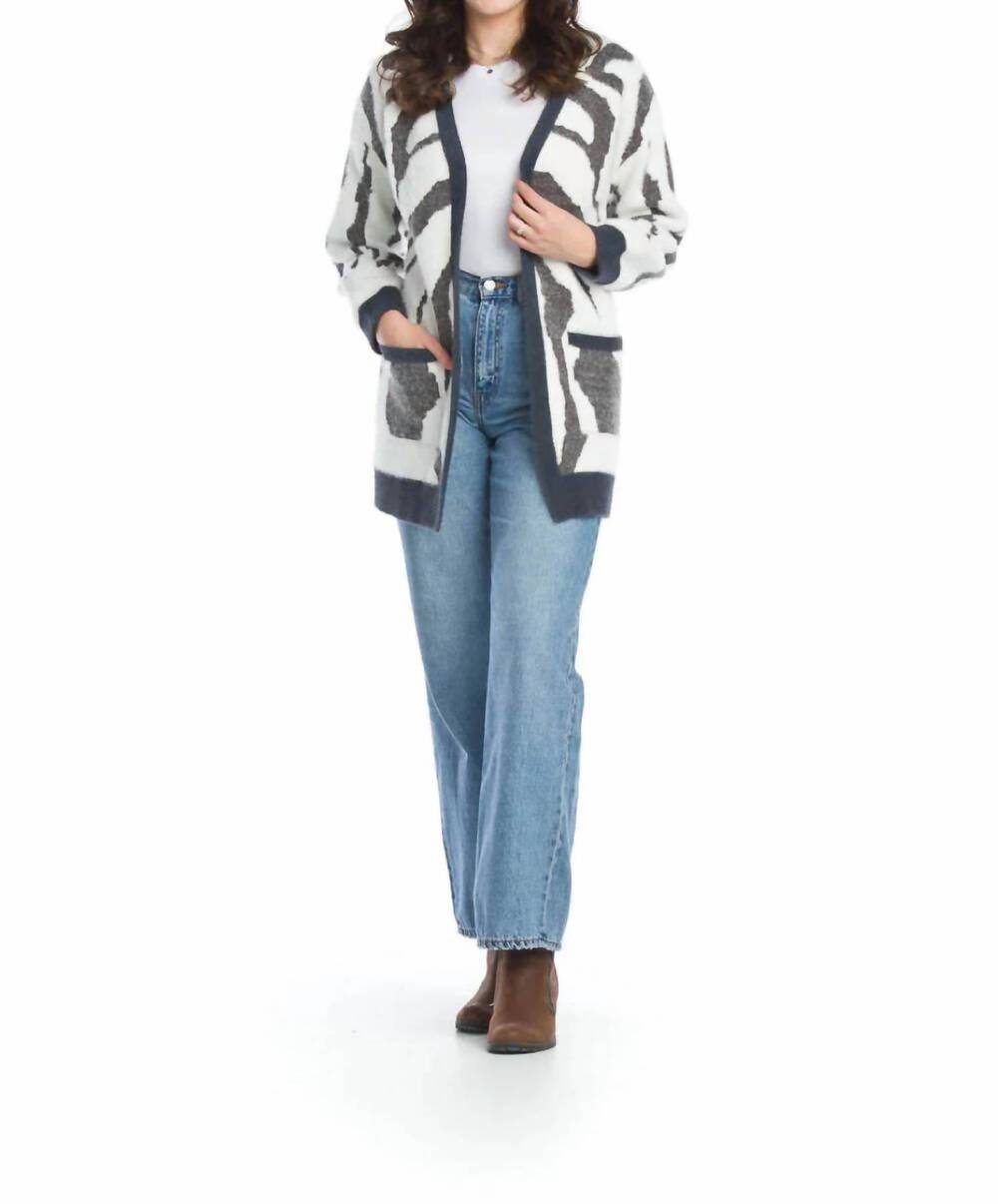 NEW PAPILLON eyelash zebra cardigan with patch pockets in grey